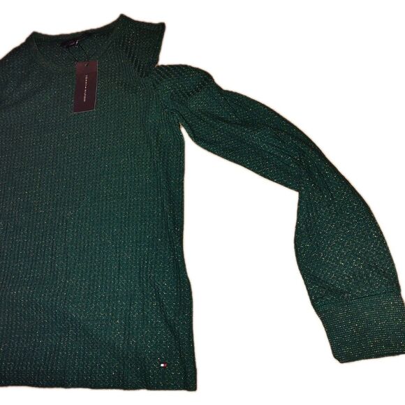 Tommy Hilfiger Womens Top Sz MED Metallic Cold Shoulder T-Shirt In Green & Gold - Picture 4 of 9